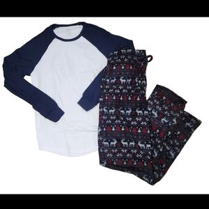 Pajamas Sleep Lounge Set George Men's S-M-L Navy Blue Top Reindeer Pants PJs NWT